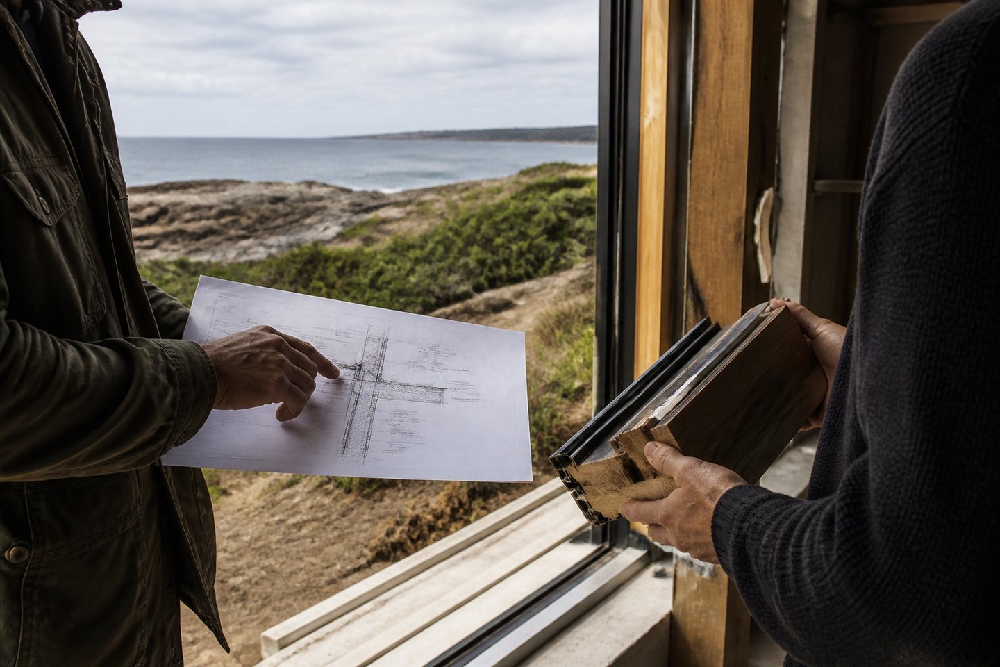 Two people reviewing construction drawings beside an open window