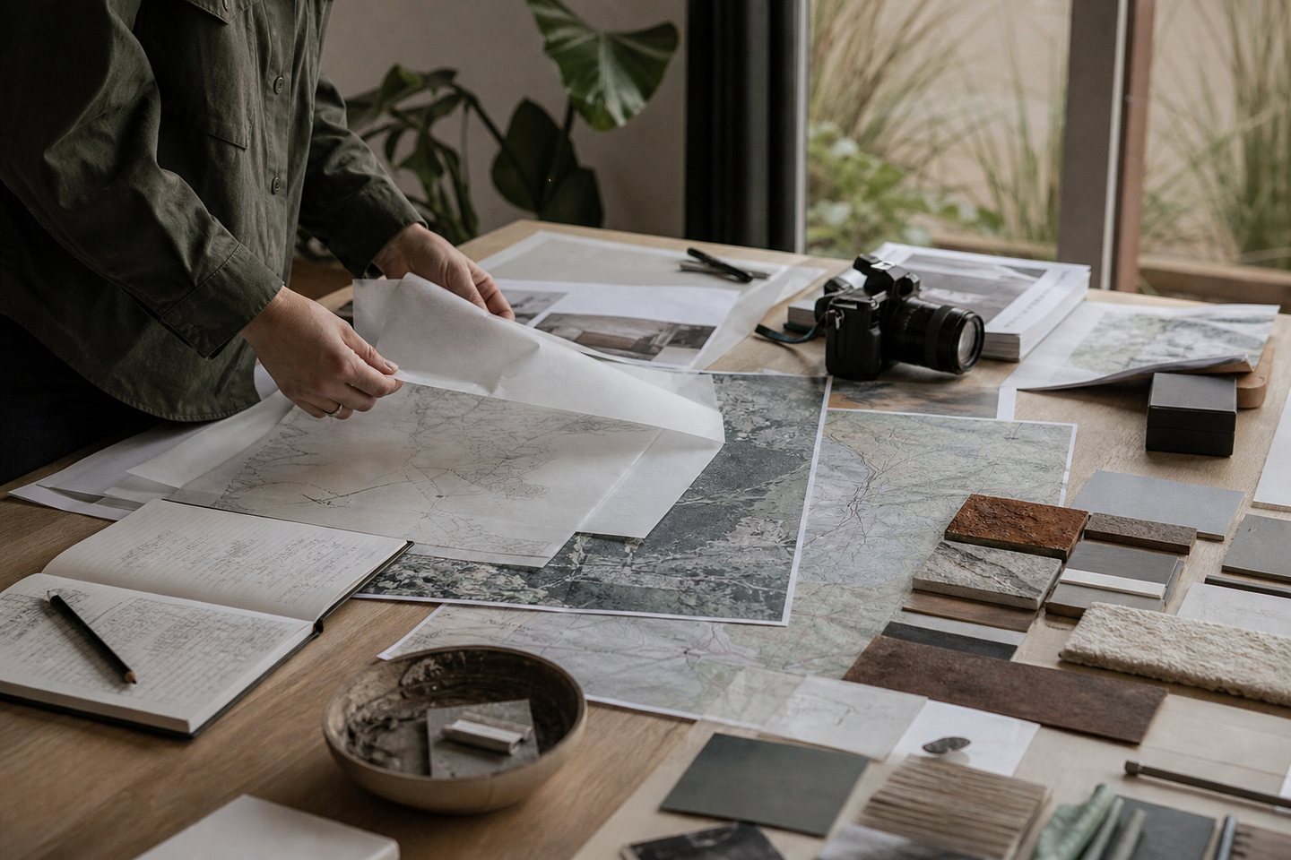 Editorial research desk with plans, maps and material samples